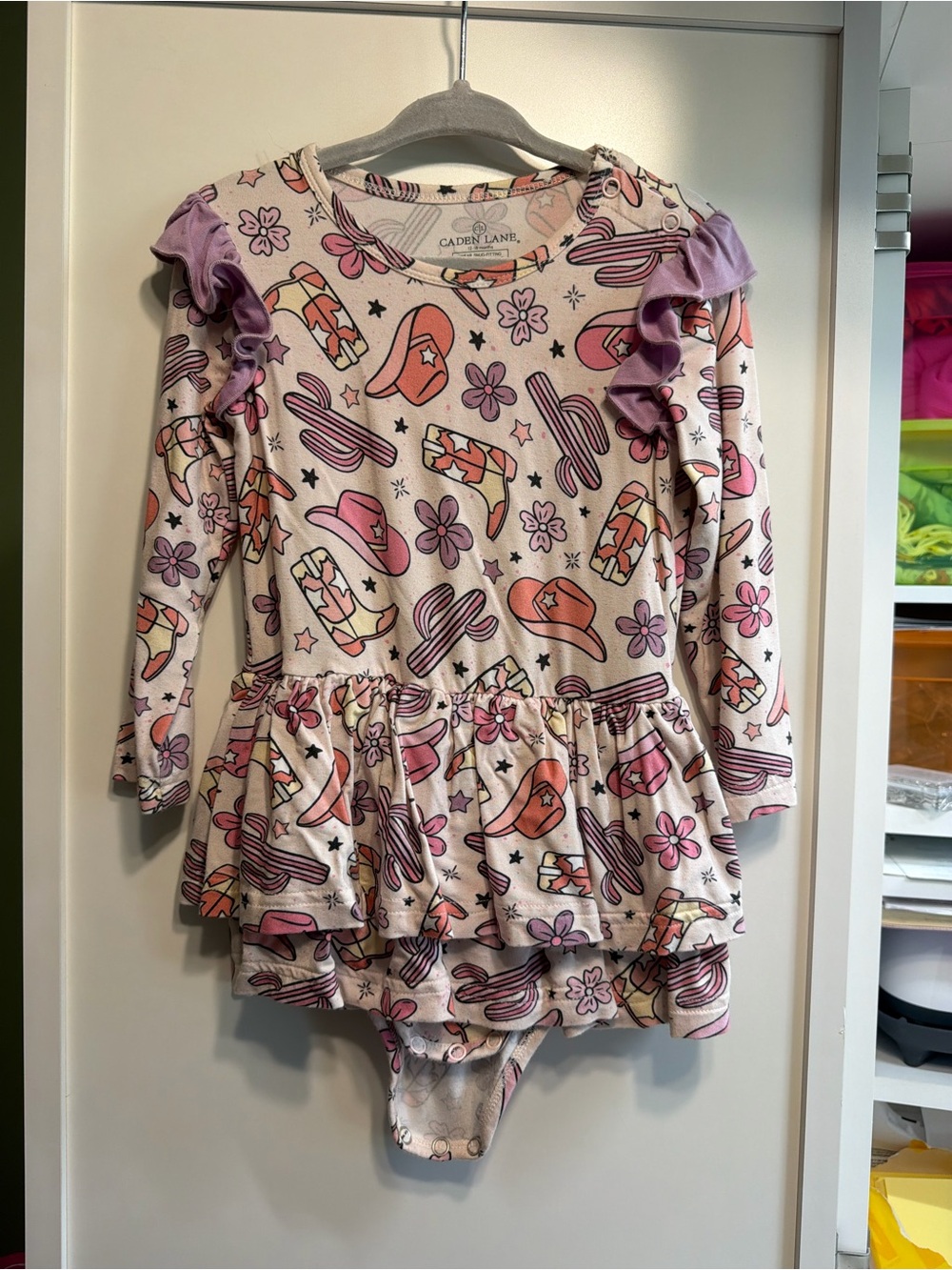Caden Lane Pink and Gray Cowgirl Hat Print Dress Bodysuit